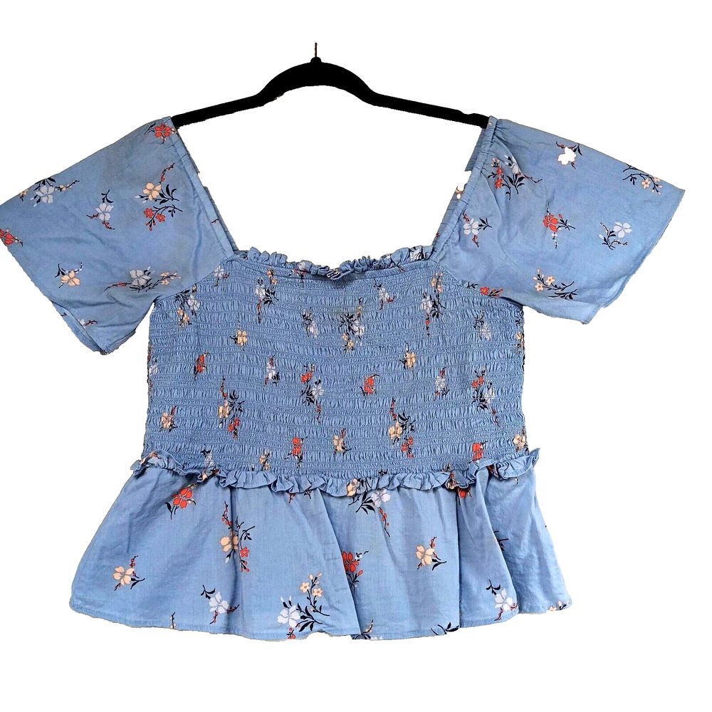 MADEWELL Top Womens S Floral Smocked Cropped Puff Sleeve Cotton Blue